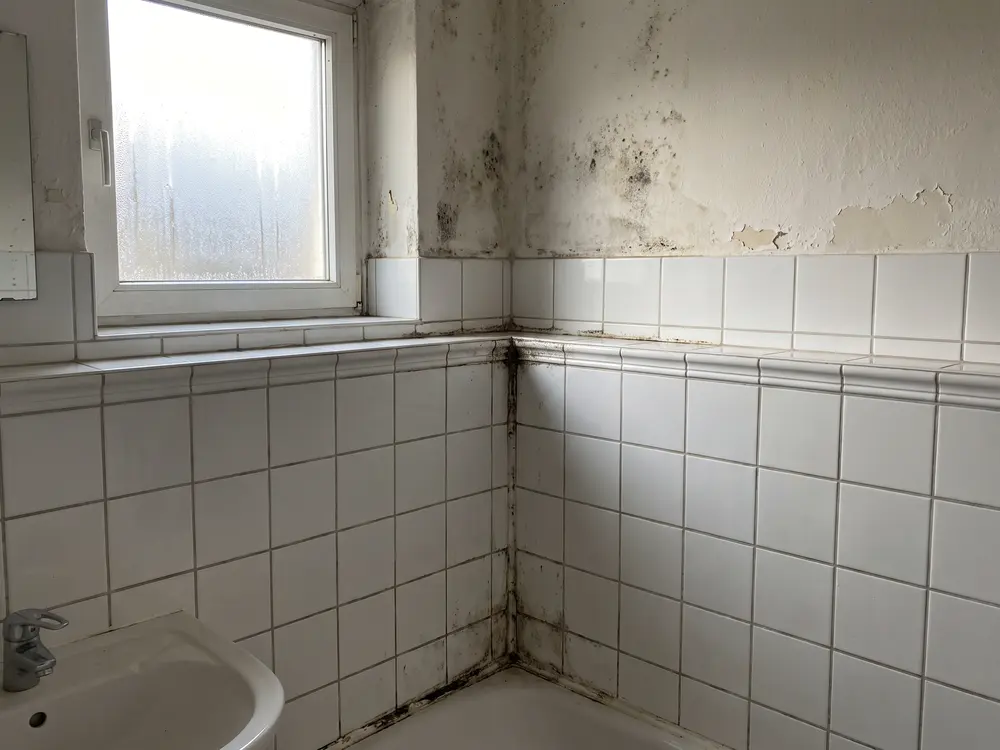 Schimmel in der Ecke eines gefliesten Badezimmers